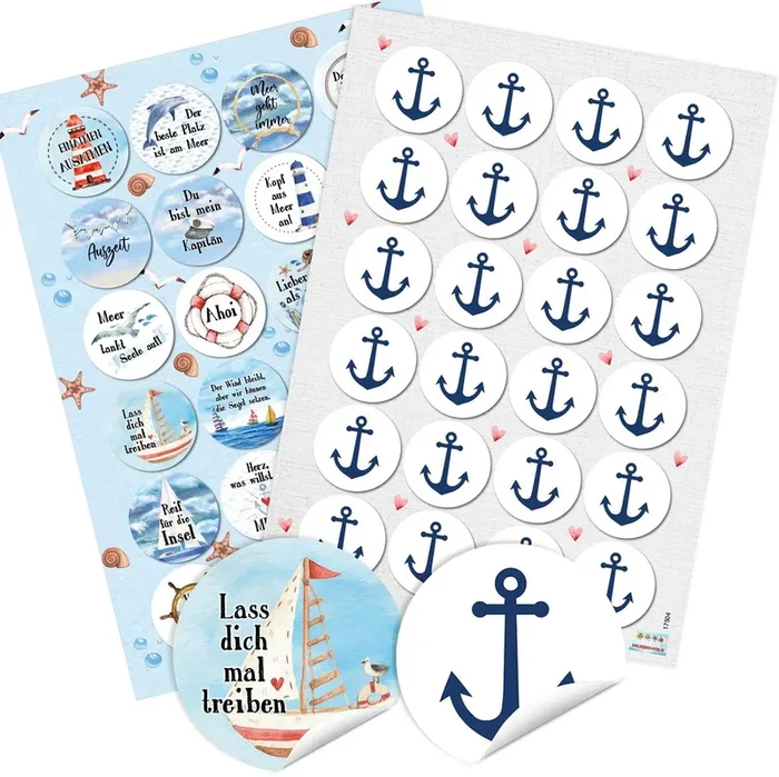 Sticker SET 24 maritime Sprüche Aufkleber + 24 Anker Aufkleber 4 cm