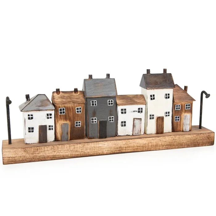 Strandhäuser Dekoleiste aus Holz Häuserzeile maritim Hafen Deko Figur zum Hinstellen 14 x 36,5 cm