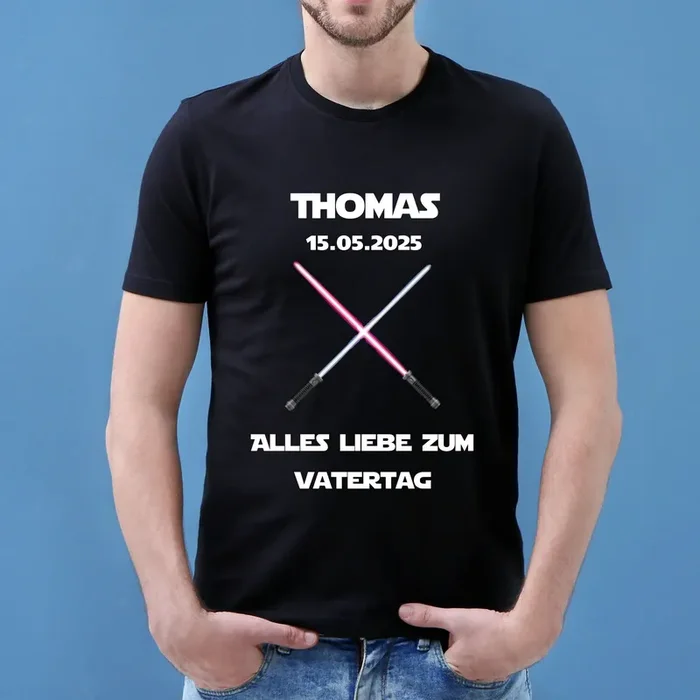 T-Shirt für Papas zum Vatertag o. Geburtstag mit Lichtschwert Motiv | Personalisiert | Schwarz