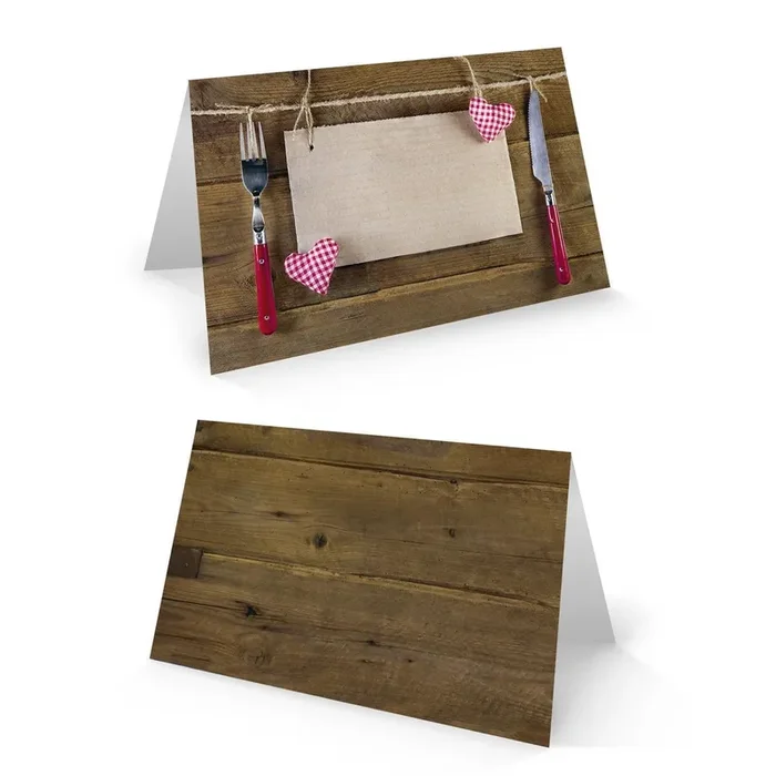 Tischkarte 8,5 x 5,5 cm braun rot weiß mit Messer & Gabel Motiv – rustikale Tisch Kärtchen