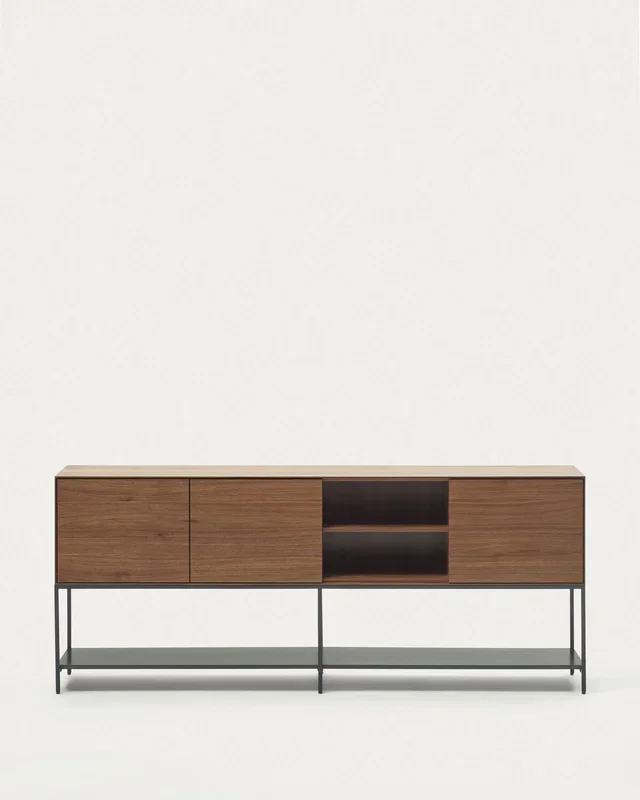 Vedrana Sideboard 3 Türen aus Nussholzfurnier und Stahlbeine in Schwarz 195 x 80 cm