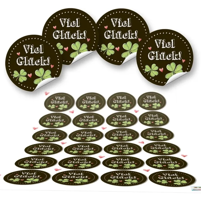 Viel Glück Sticker rund – 4 cm – schwarz grün mit Glücksklee Prüfung Silvester Dekoration